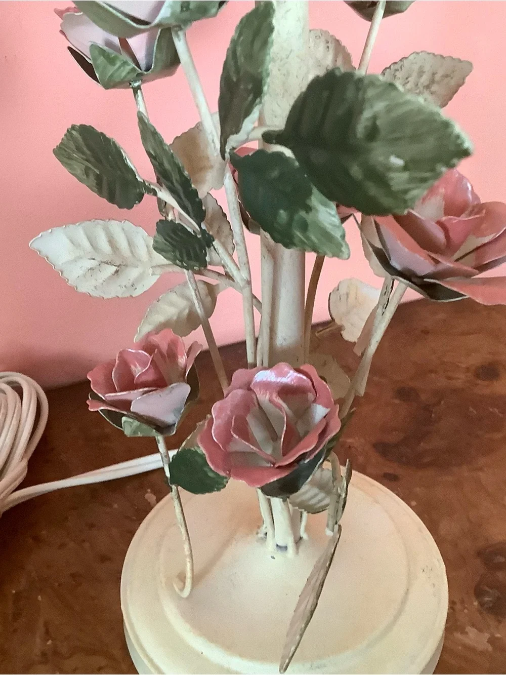 Vintage 2YK Cottage-Style Lamp 20” Metal Pink Roses With Fabric  Bell Shade